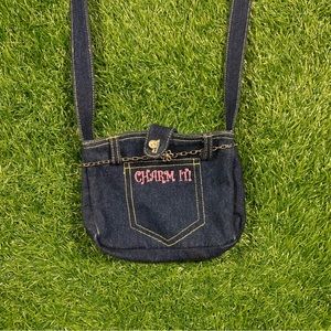 “charm it” thrifted cross body bag denim material